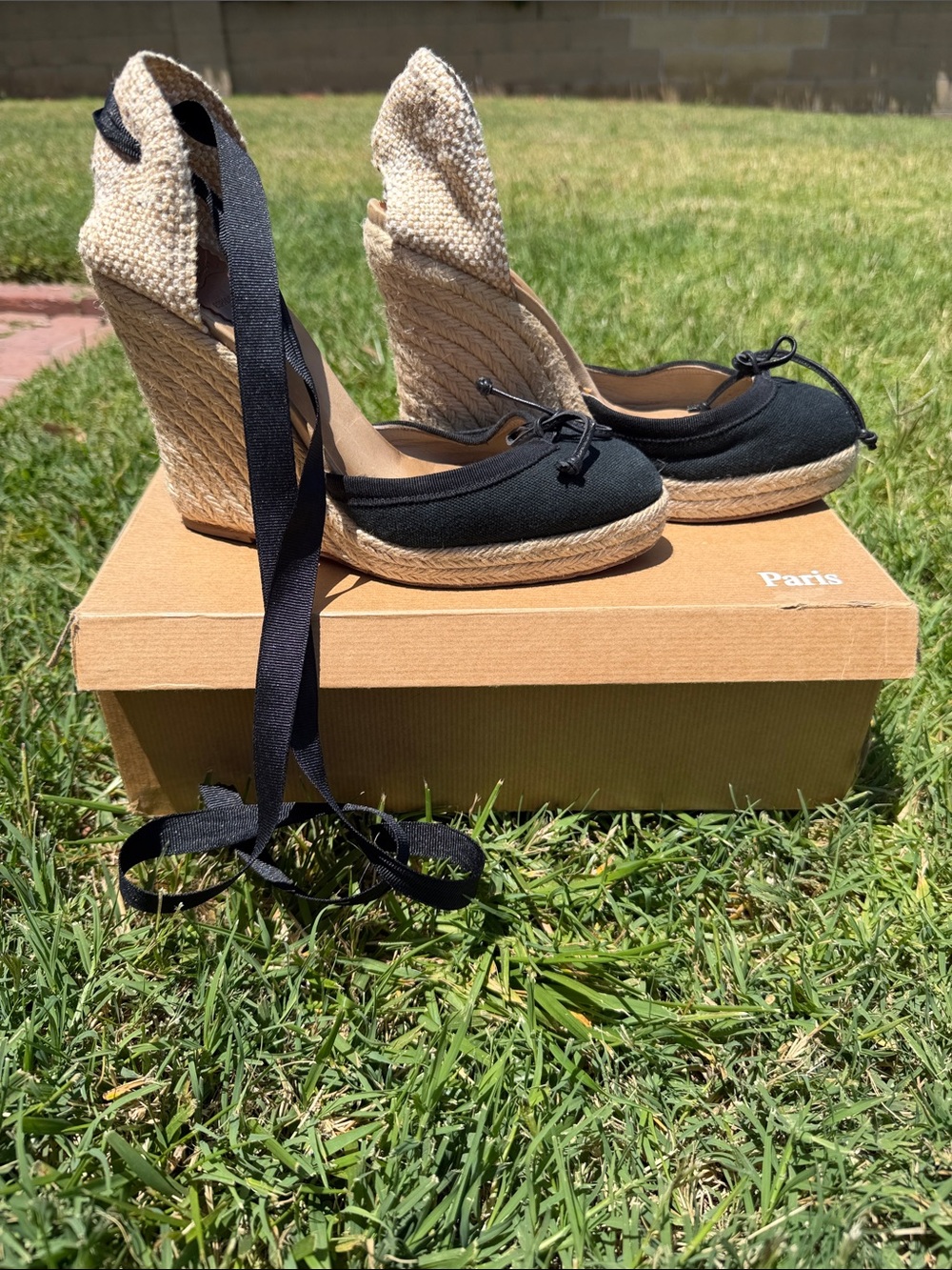 Christian Louboutin Black Canvas Espadrille Wedge Sandals with Ankle Wraps